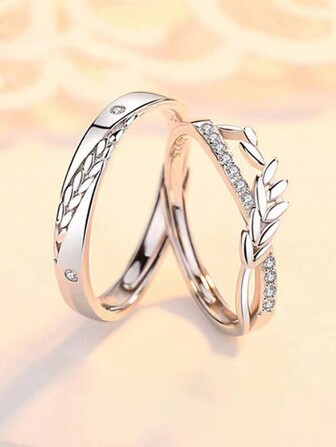 2入組創意可調節開口戒指,麥穗和鑽石裝飾