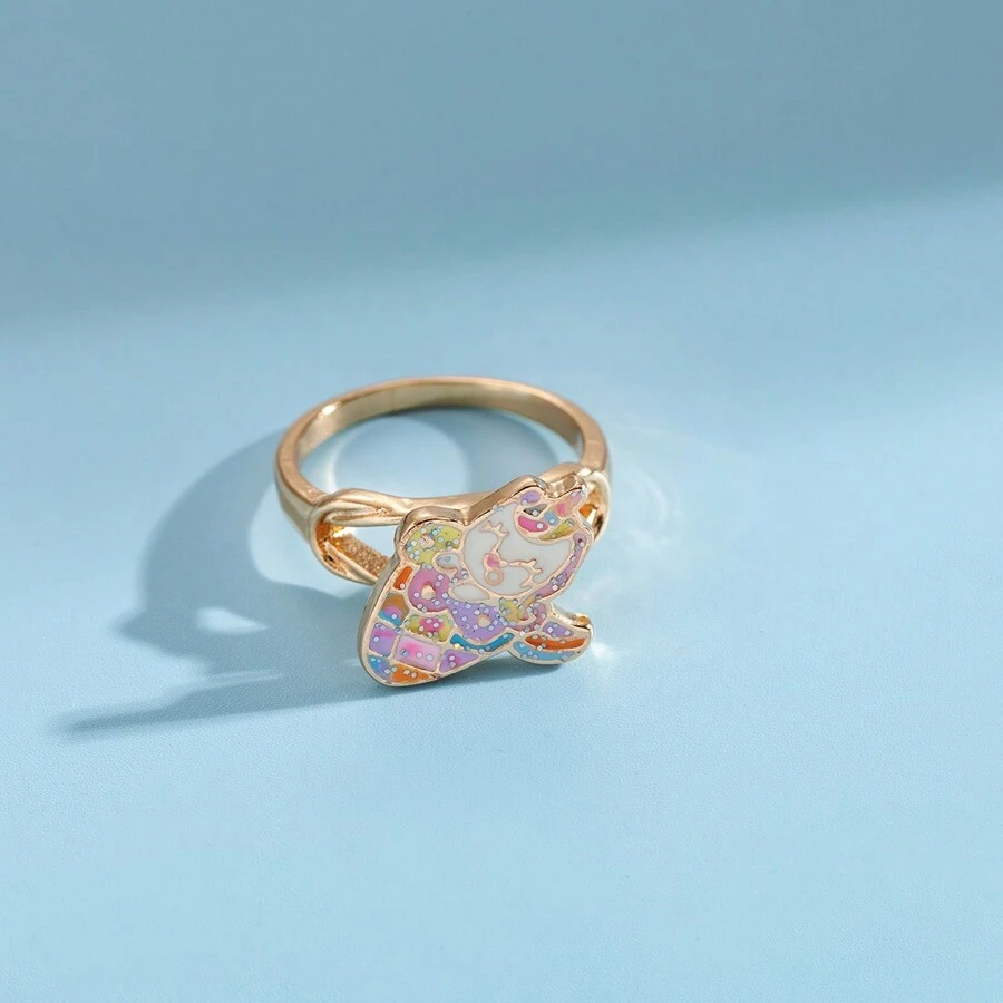 1pc Cute Macaron-Like Colorful Ombre Sand Powder Filled Ring With Spinning Unicorn Ice Cream & Smiling Face Design, Anti-Stress Fidget Ring - Yellow Gold - View 1