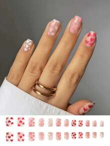 24入組短方形假指甲漸層心形壓克力假甲，適用於女士新年禮物 - 彩色 - 查看 2