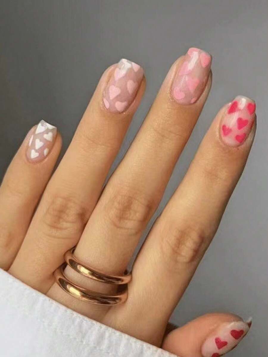 24入組短方形假指甲漸層心形壓克力假甲，適用於女士新年禮物 - 彩色 - 查看 1