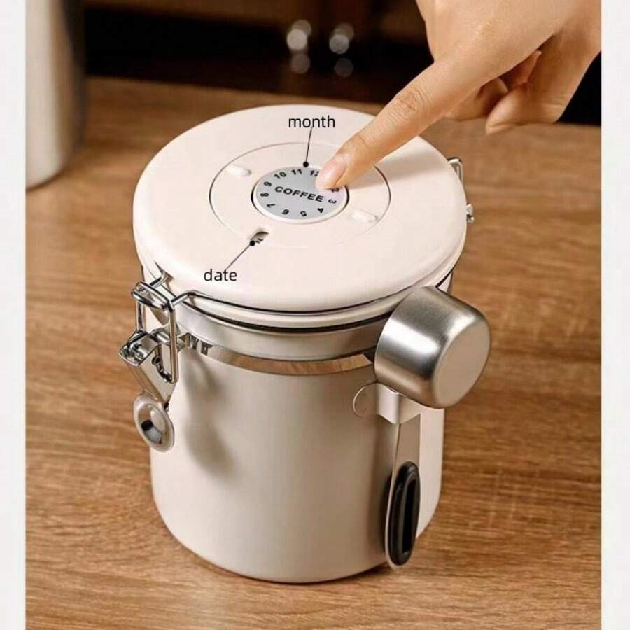 304 Stainless Steel Coffee Bean Storage Canister + 30ml Measuring Spoon, One Way Exhaust Coffee Powder Container - Beige - View 1