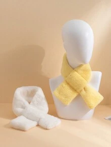 2條裝新款時尚兒童圍巾男女童保暖仿兔毛純色毛絨圍巾適合3-8歲兒童秋冬 - 白色 - 查看 2