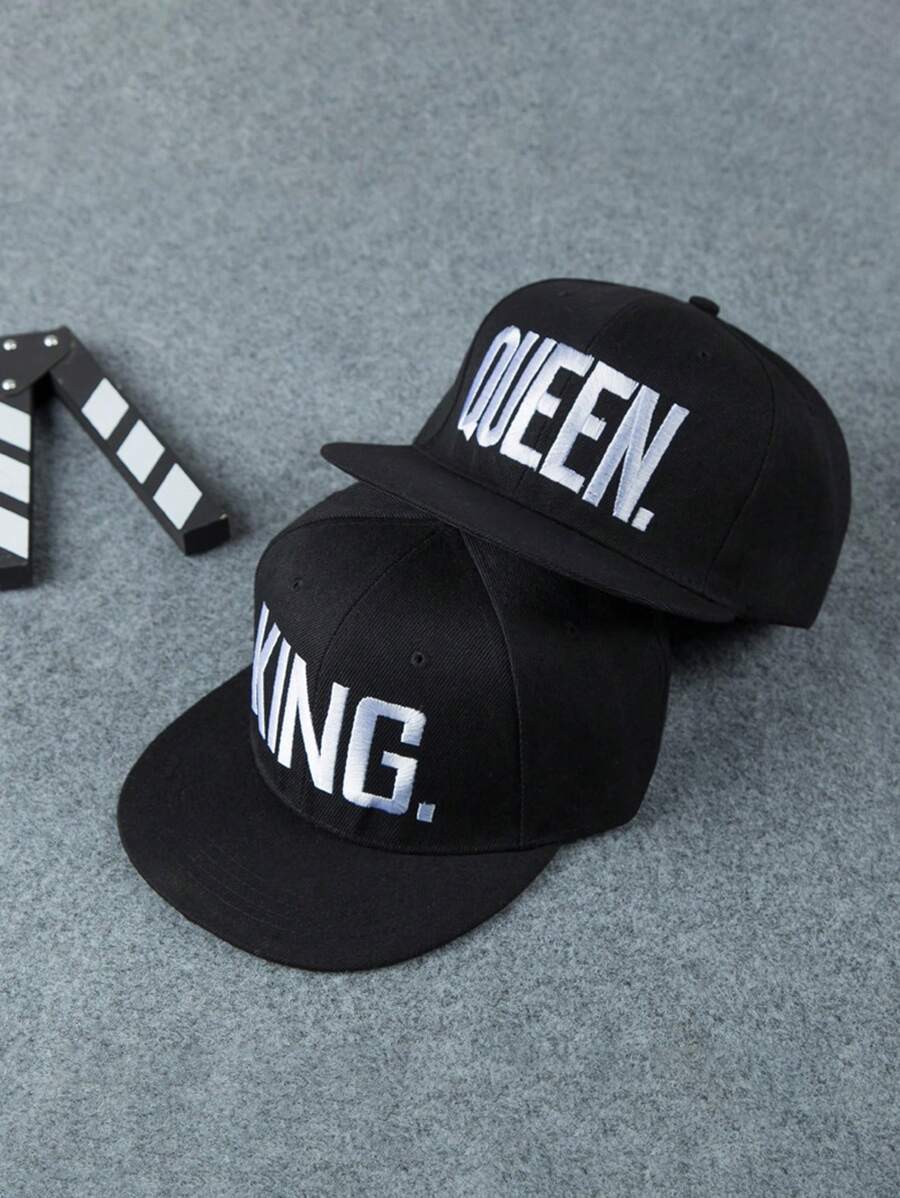 1set Of 2 King & Queen Embroidery Couple Baseball Cap, Perfect For Daily Wear, Work, Travel, Beach, Any Season - Black - View 1