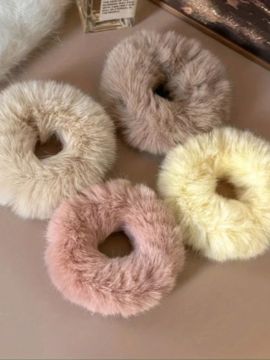 4入組女士冬季多色毛絨造型髮圈，是最好的閨蜜禮物，適合日常穿著 - 彩色 - 查看 1