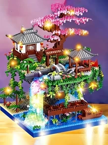 Weihnachtsdekoration Pfirsichblüten-Teich Micro Mini Bauklötzchen Set Chinesische berühmte Fabel Architekturmodell Wunderland Pfirsichblüten-Teich Bauklötzchen Spielzeug Selbstbau Dreidimensionales Puzzle zum Entspannen Heim Dekoration Ornament Geburtstagsgeschenk Einzelstück Raumdekoration