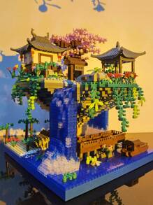 Weihnachtsdekoration Pfirsichblüten-Teich Micro Mini Bauklötzchen Set Chinesische berühmte Fabel Architekturmodell Wunderland Pfirsichblüten-Teich Bauklötzchen Spielzeug Selbstbau Dreidimensionales Puzzle zum Entspannen Heim Dekoration Ornament Geburtstagsgeschenk Einzelstück Raumdekoration