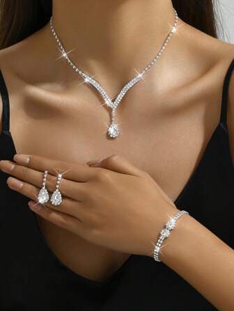 Collar, Pendientes Y Pulsera Con Cadena De Garras De Moda Europea Y Americana Con Cristales Brillantes Y Gotas De Vidrio De Diamantes Completos, Joyas Para Novias De Bodas, Vestidos De Gala Y Fiestas