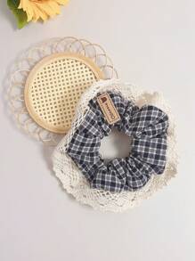 1入女士黑色格紋布花蕾絲髮飾,時尚百搭髮帶,適合日常使用 - 黑與白 - 查看 3