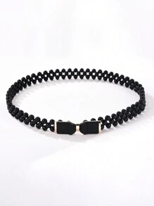 1 件可調長度鬆緊 3 排人造黑珍珠女腰鍊鑽石鑲嵌玫瑰花蕾合金扣連身裙裝飾腰帶 - 黑色 - 查看 7