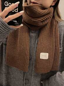 1pc Ladies' Coffee Color Patch Fabric Long Knit Scarf Soft Warm Fashionable Street Style Personalized Woolen Scarf For Autumn/Winter Season - Coffee Brown - View 3