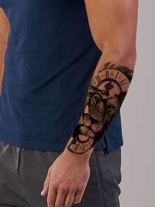 9入組大尺寸暫時性紋身貼紙,猛獸、獅子、老虎、狼,逼真且酷 - 黑色 - 查看 3