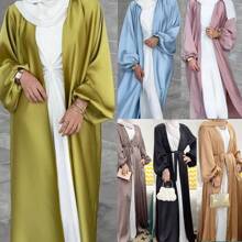 1pc Thick Puff Sleeve Cardigan Robe Abaya In Elegant And Silky Solid Pink Polyester+Including Waist Belt; Suitable For Daily Wear - Dusty Pink - View 1