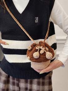 編織的蘑菇形手提袋,手工鉤編的小型零錢包,耳機袋,女士斜跨肩背包,迷你包 - 棕色 - 查看 3