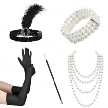 5入組1920年代化妝舞會配件套裝，復古黑色長手套、人造羽毛頭箍、人造珍珠項鍊手鏈組合 - 黑色 - 查看 1