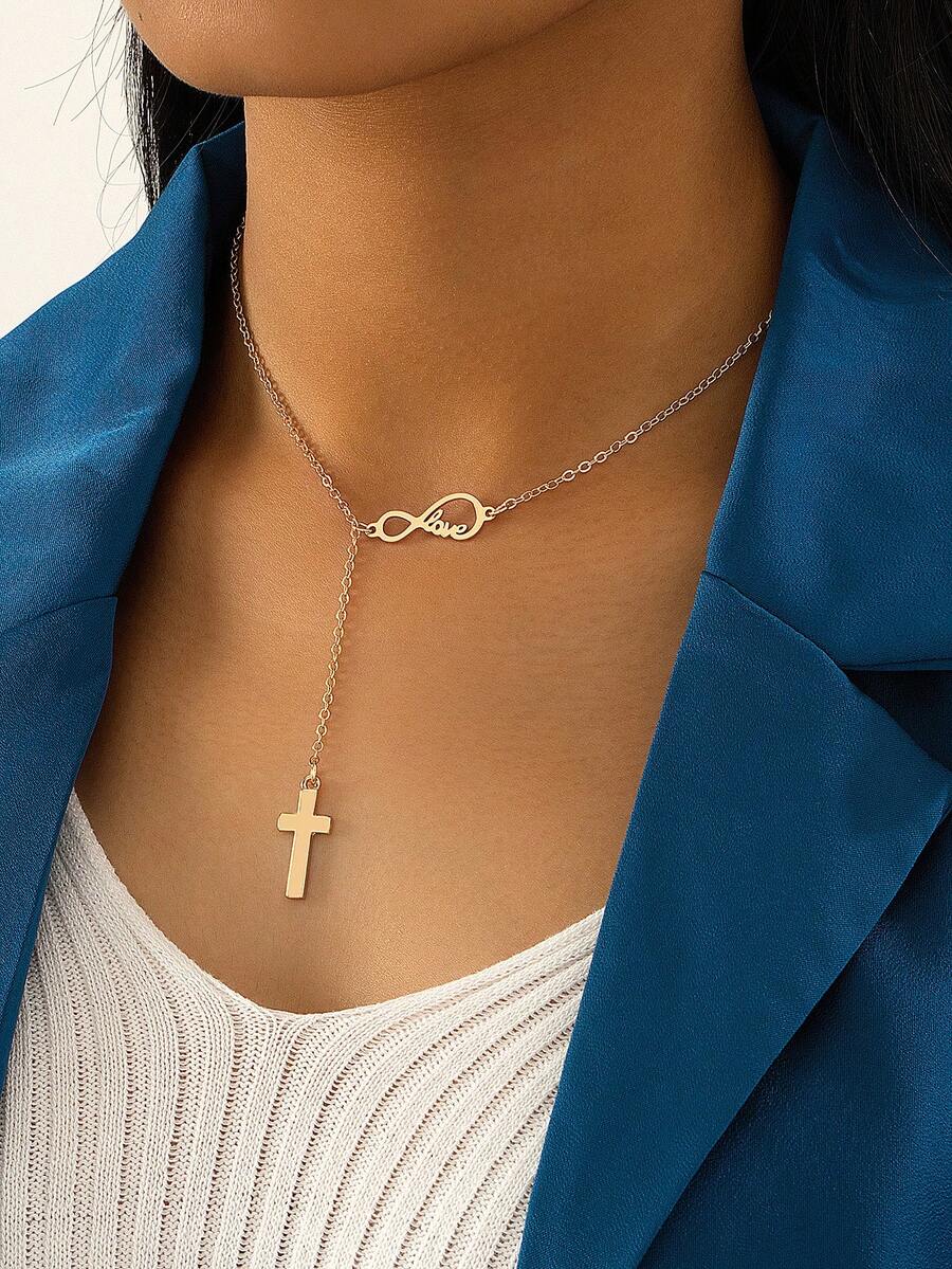 1入時尚金屬交叉＆無限符號8扣項鍊,適合女士 - 金黃色 - 查看 1