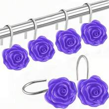 12 件花卉树脂玫瑰装饰浴帘挂钩、浴室配件、家居装饰花浴帘环 - 紫色 - 查看 2