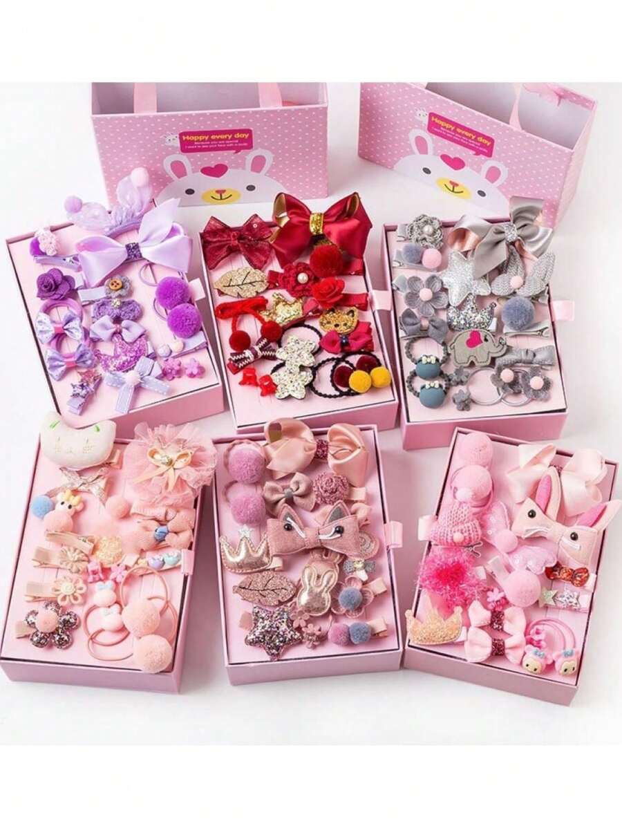 18入組髮飾套裝帶手提箱,包括頭繩,公主皇冠髮夾,可愛髮夾,髮帶,偉大適用於生日禮物(隨機樣式)