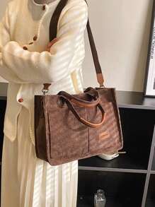 大容量周末旅行包，女士可水洗帆布包，皮革公文包，旅行箱，单肩斜挎包，手提包，大容量休闲商务笔记本电脑包，带多个隔层和口袋 - 咖啡棕 - 查看 2