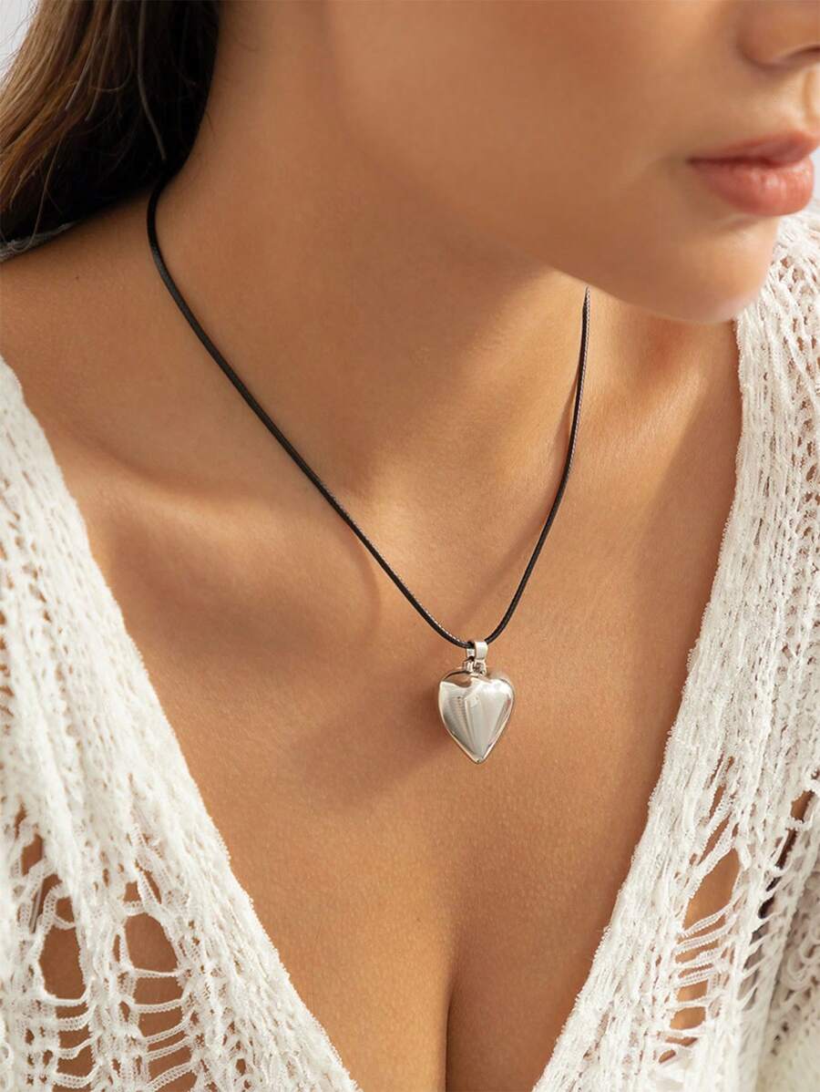 1入組創意極簡受歡迎心和幾何吊墜項鍊 - 銀色 - 查看 1