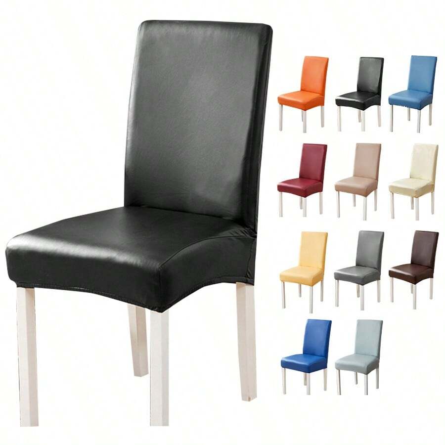 1pc Waterproof Leather Stretch Chair Cover, Removable Washable Elastic Dining Chair Protection Suit For Restaurant, Kitchen, Hotel And Home Decoration - Black - View 1
