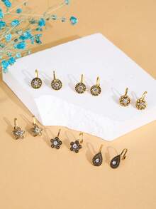 1盒12个装多图案铜合金尖钻个性化复古风格无穿孔女士鼻钉鼻环 - 金黃色 - 查看 2