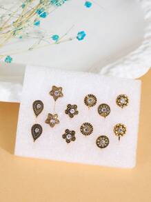 1盒12个装多图案铜合金尖钻个性化复古风格无穿孔女士鼻钉鼻环 - 金黃色 - 查看 1