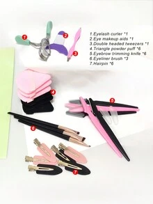 24入組化妝工具套裝,包括刷子、粉撲、睫毛捲曲器、眉毛刀、眉梳、夾子和髮飾 - 彩色 - 查看 2