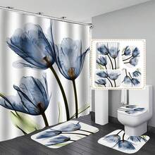 3pcs/Set Tulip Flower Digital Printed Bathroom Set, Including Shower Curtain, Flannel Surface Mat And Toilet Lid Cover With Non-Slip Bottom - Grey - View 5
