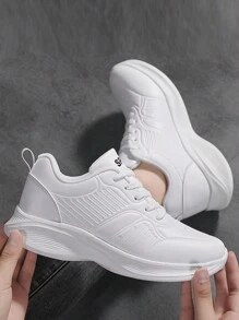 全新女用輕盈真皮運動跑鞋,休閒白色慢跑運動鞋,情侶款,圓頭,簡約繫帶設計,適合旅行 - 白色 - 查看 2