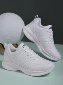 全新女用輕盈真皮運動跑鞋,休閒白色慢跑運動鞋,情侶款,圓頭,簡約繫帶設計,適合旅行 - 白色 - 查看 3