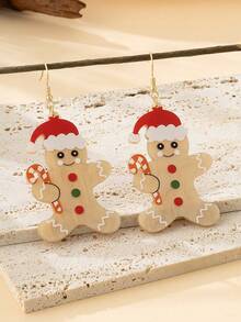1pair Creative Kids' Acrylic Printed Gingerbread Man Pendant Earrings, Christmas & New Year'S Gift - Multicolor - View 3