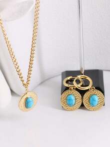1套復古歐美風藍色綠松石印花不銹鋼橢圓形吊墜項鍊、耳環和耳夾,適用於女性日常穿搭 - 金色 - 查看 3
