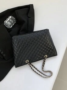 Ladies' Solid Color Embroidery Thread Diamond Pattern Large Capacity Tote Bag, Soft Face, Suitable For Business Trips, Travel, Visiting Friends, Taking Photos, Shoulder Tote Bag Must-Have - Black - View 5