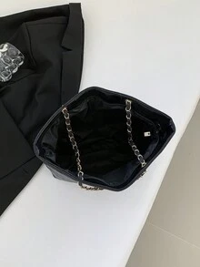 Ladies' Solid Color Embroidery Thread Diamond Pattern Large Capacity Tote Bag, Soft Face, Suitable For Business Trips, Travel, Visiting Friends, Taking Photos, Shoulder Tote Bag Must-Have - Black - View 3