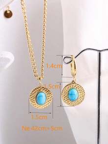 1套復古歐美風藍色綠松石印花不銹鋼橢圓形吊墜項鍊、耳環和耳夾,適用於女性日常穿搭 - 金色 - 查看 5