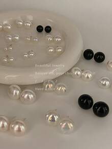 1pair Women's Simple 925 Sterling Silver Pearl Stud Earrings For Ear Piercing - Light Champagne 8mm 38212 - Champagne - View 2