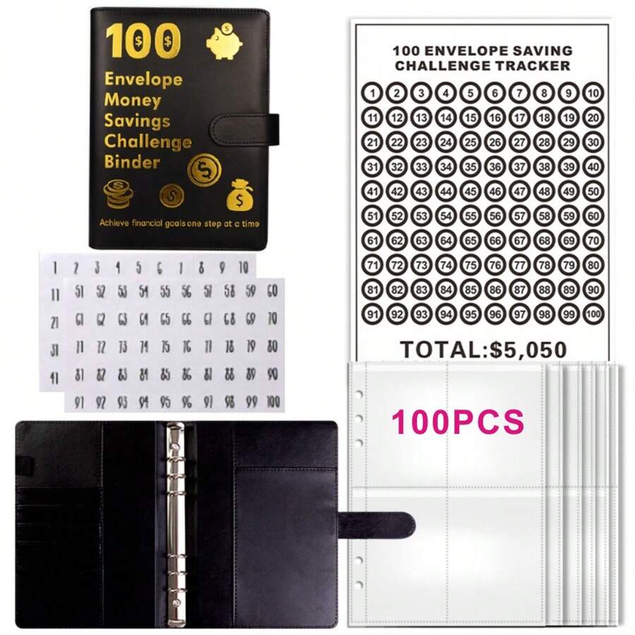 100 Days Envelope Challenge Binder Couple Savings Challenge Binder Lovers Save $5,050 Budget Notebook Money Envelopes - Black - View 1