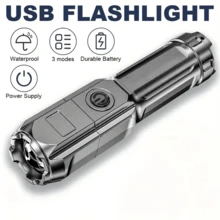 1 PC Outdoor Camping Portable Handheld Highlight Strong Led Torch Flash Light Usb Rechargeable Zoom Flashlight High Lumens Portable Zoomable Tactical Flashlight Waterproof USB Rechargeable Hiking LED Flashlight Torch - Black - View 11