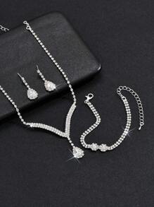 歐美時尚爪鏈耀眼全鉆石玻璃下垂頸鏈耳環手鏈新娘婚禮珠寶連身禮服晚宴頸鏈派對 - 銀色 - 查看 3