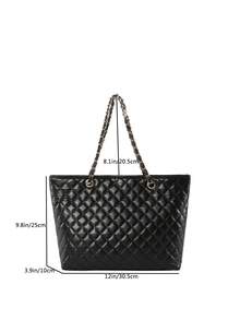 Ladies' Solid Color Embroidery Thread Diamond Pattern Large Capacity Tote Bag, Soft Face, Suitable For Business Trips, Travel, Visiting Friends, Taking Photos, Shoulder Tote Bag Must-Have - Black - View 2