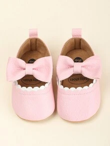 1pair Girls' PU Bowknot Hook-And-Loop Flat Cute Shoes, Anti-Slip & Breathable Walking Shoes, Suitable For Spring And Autumn, 0-18 Months - Pink - View 2