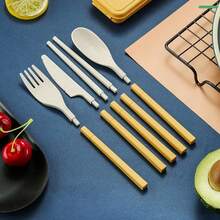 4入組麥殼草餐具套裝,輕巧耐用的餐具套裝,可重複使用的筷子匙叉套裝,適合兒童和成人使用。創意新設計的可拆卸折疊式餐具套裝,包括刀、叉、匙、筷子,適合學生旅行用,戶外麥殼草摺疊餐具套裝,便攜可拆卸刀叉匙筷四件套禮物套裝 - 彩色 - 查看 8