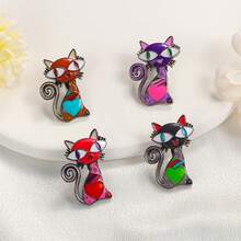 4入組獨特卡通畫貓簪,歐美風格,動物滴油搪瓷別針女裝飾品 - 個性貓咪4件式胸針 - 查看 8