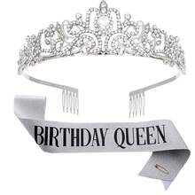 Birthday Girl Queen Crown And Sash  Rhinestone Tiara Set For Women Birthday Decoration Kit Headband For Girl Glitter Crystal Hair Accessories For Party Cake Topper - Silver - View 1