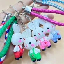 1個創意卡通編織背帶兔鑰匙扣及編織繩與立體裝飾可愛的pvc復活節兔子娃娃掛件情侶鑰匙扣最佳禮物,適用於孩子/姐妹 - 彩色 - 查看 1