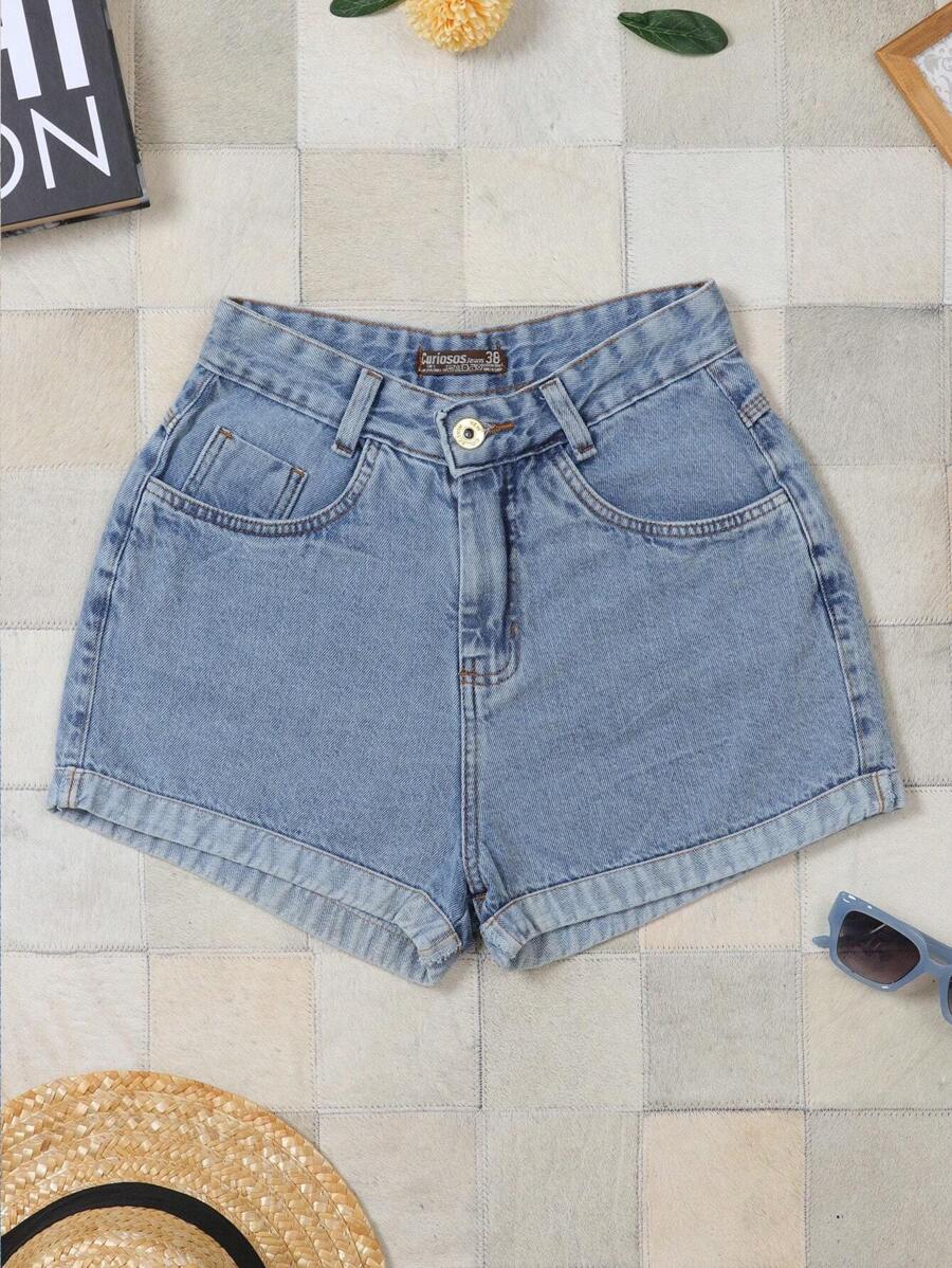 Women Denim Shorts - 中等水洗藍 - 查看 1