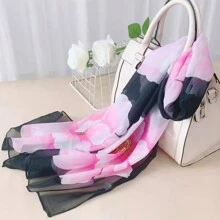 1pc Multicolor Women's New Arrival Rose Printed Chiffon Sunscreen Scarf With Floral Decor, Korean Style Long Silk Scarf - Black - View 7