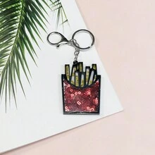 1 Pieza Llavero Creativo Con Colgante De Papas Fritas Francesas, Decorado Con Lentejuelas Rojas Y Acrílico - Rojo - Ver 1