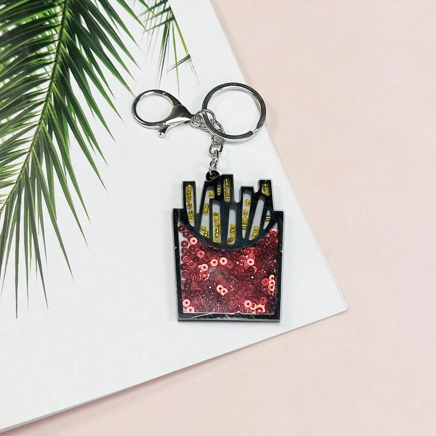 1 Pieza Llavero Creativo Con Colgante De Papas Fritas Francesas, Decorado Con Lentejuelas Rojas Y Acrílico - Rojo - Ver 1