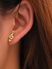 Aomogo Stainless Steel Music Note Shaped Ring & Stud Earrings, Fashionable Women's Jewelry For Wedding Gift - Gold - View 1